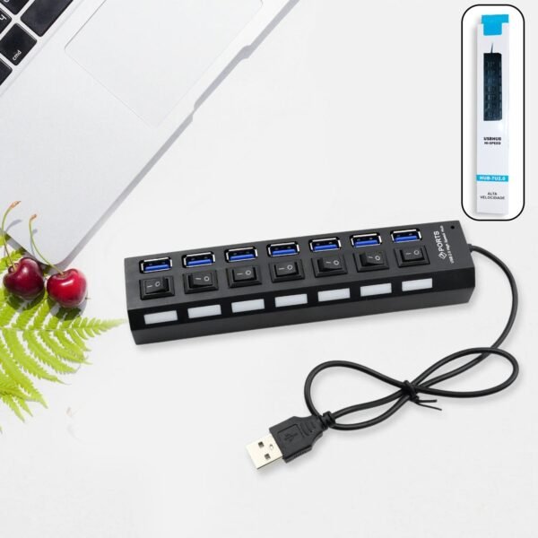 USB Splitter Multi Port USB 2.0 Hub, 7 Port with Independent On/Off Switch and LED Indicators USB A Port Data Hub, Suitable for PC Computer Keyboard Laptop Mobile HDD, Flash Drive  Etc