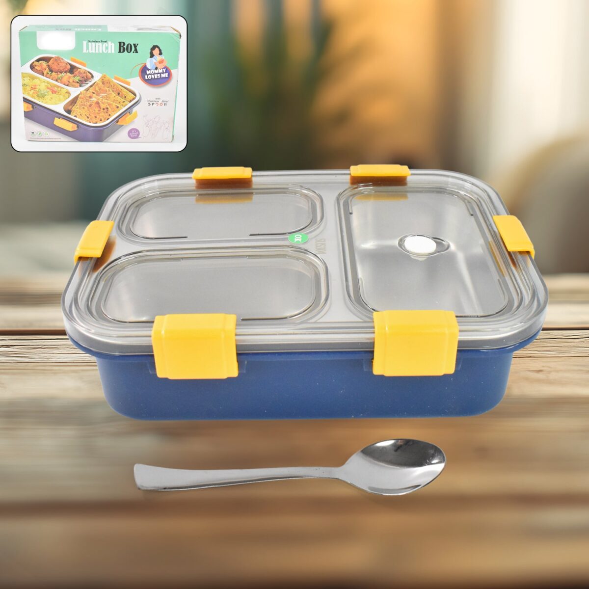 3 Compartment Transparent Stainless Steel Lunch Box for Kids - Image 1