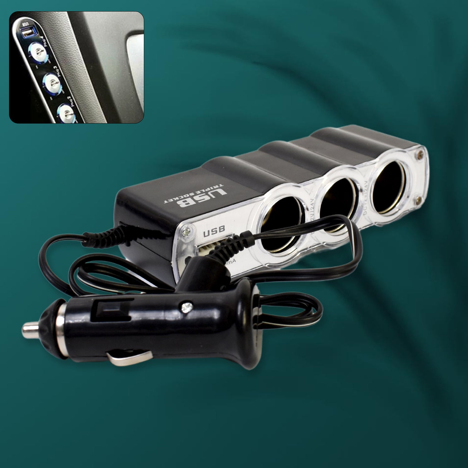 01_062c789c-e070-4d86-ad67-c71a54cebbb5.jpg Triple 3 Way Car 12v Lighter Socket Splitter USB Charger Power Adapter - Image 1