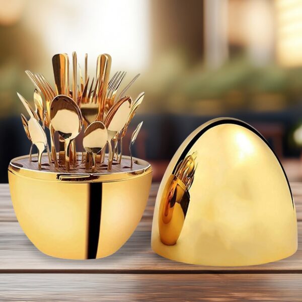 Premium Cutlery Set 24 Pcs with Oval Shaped Stand | Beautiful Stylish Oval Designed Cutlery Sets, Egg-Shaped Luxury Spoon Holder SetÂ  (Golden / 24 pcs set)