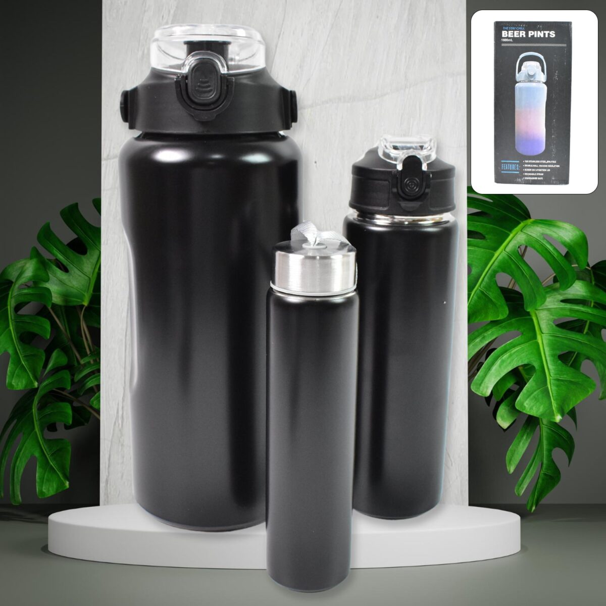 3 In 1 Stainless Steel Insulated Water Bottle, Double Wall Vacuum (3 Pcs Set / Different Size) - Image 1