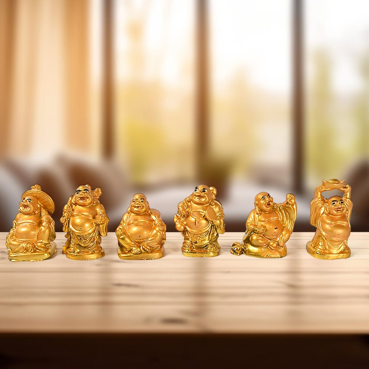 Golden Laughing Buddha Set Of Six Pieces Statue For Happiness, Wealth & Good luck Decor For Wealth and Success (6 Pcs Set) - Image 1