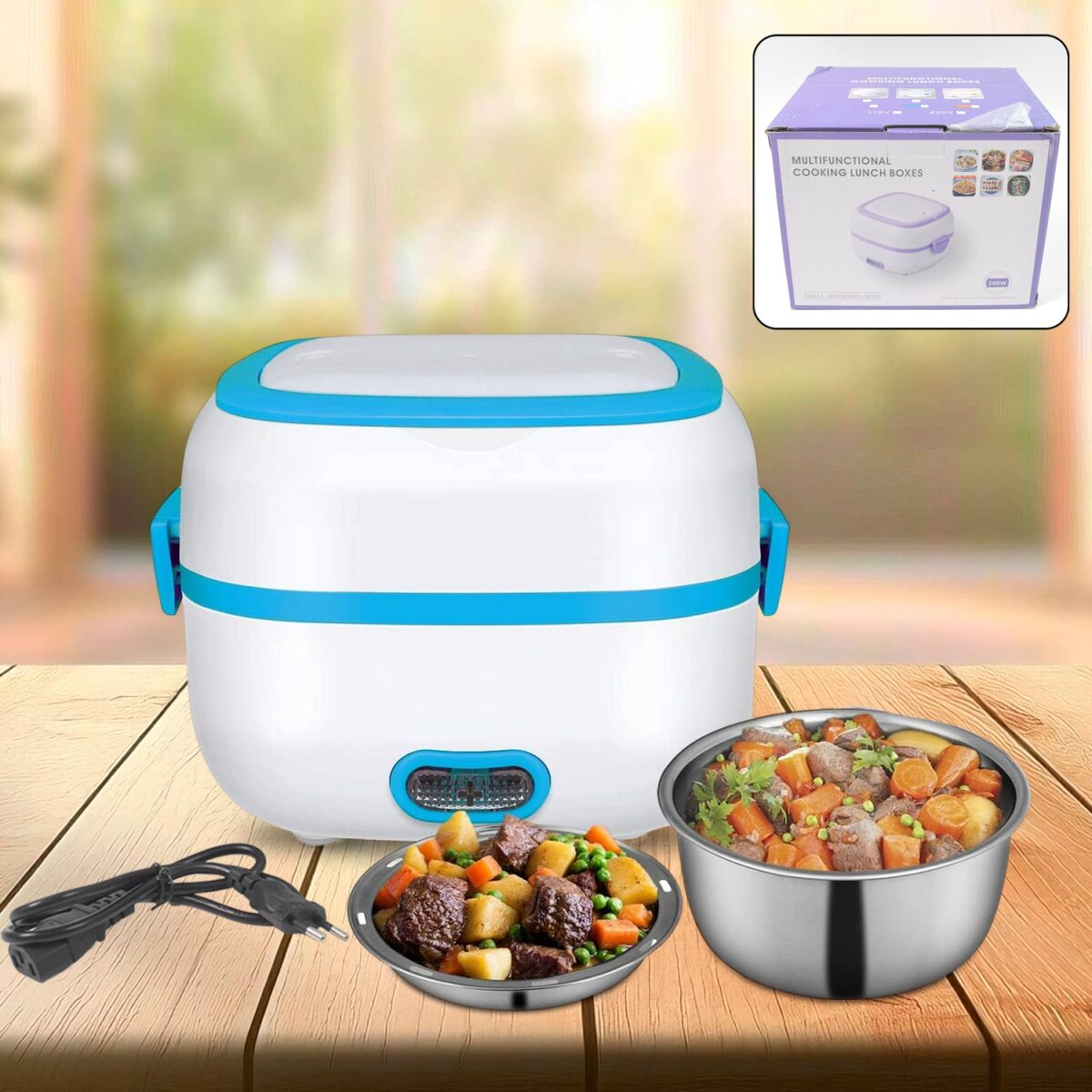 Electric Lunch Box, 3 In 1 Food Heater / Cooker / Steamer with Stainless Steel Bowls (1 Set) - Image 1