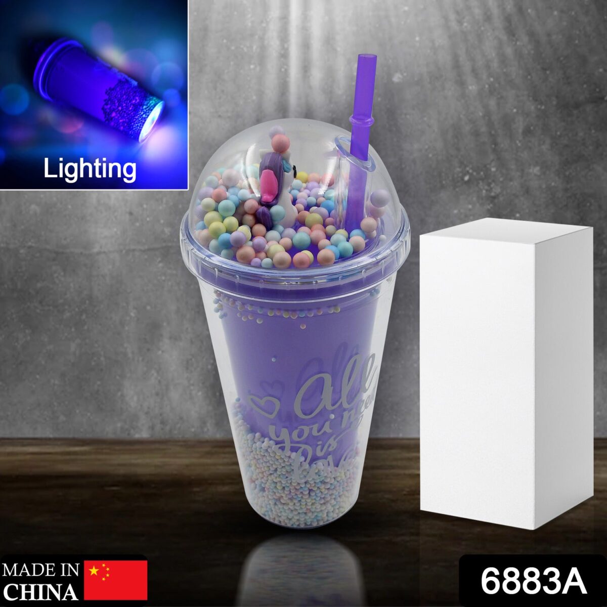 Design Printed Sipper Bottle With Toy, LED Glow Light, Double Wall Sipper Glass Water Bottle , Sipper Bottle With Straw For Girls And Kids for Boys and Girls School/Tuition/Gym (Pack of 1) - Image 2