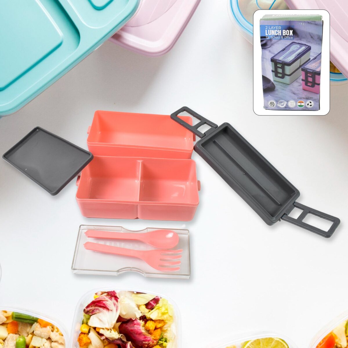 Plastic 3 Layer Leak Proof 3 Compartment Lunch Box for Office  (1 Pc) - Image 3