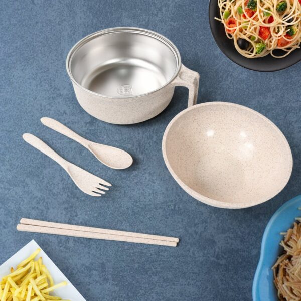 Rice Bowl Noodle Set â€“ 6 Pcs with Lid, Handle & Cutlery