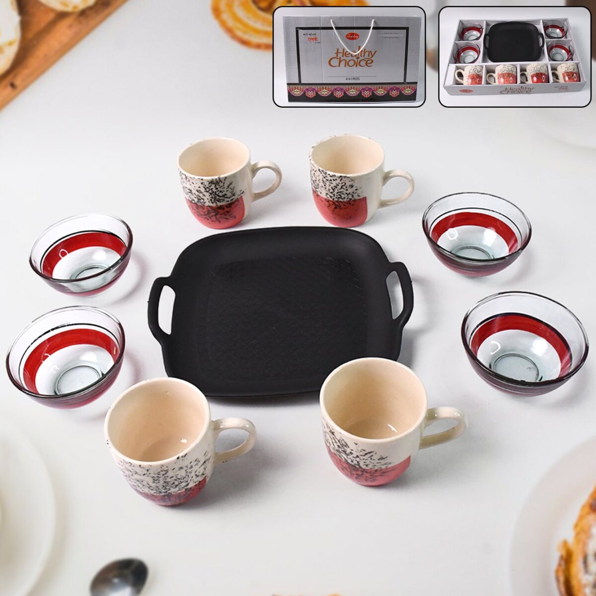 Healthy Choice Set Of 4pc Ceramic Cup And 4pc Glass Bowl With Plastic Plate (9 Pcs Set) - Image 1