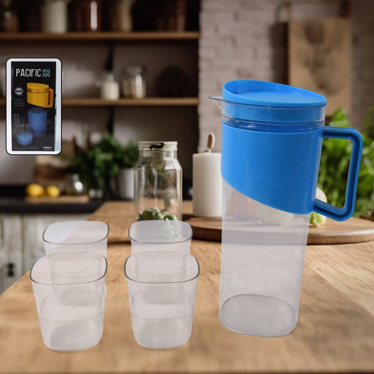 Transparent Stylish Premium Jug with Elegant Handle (2000 ML Jug Approx & 4 Pcs Plastic Glass) - Image 1