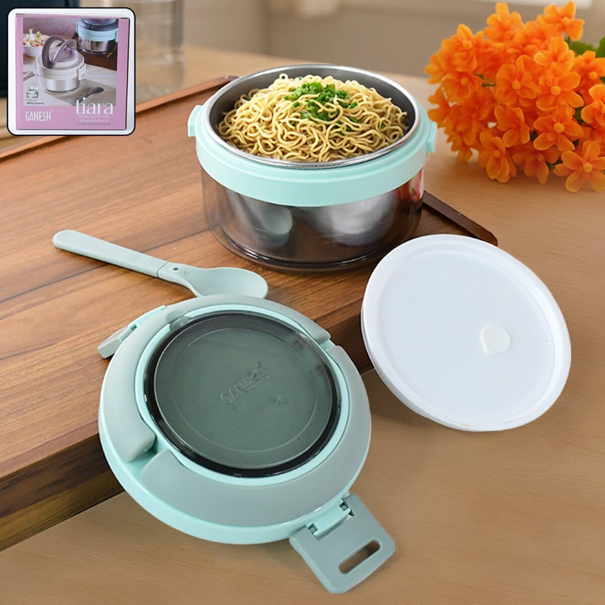Ganesh Tiara 400ml Stainless Steel Insulated Lunch Box with Leakproof Lid & Folding Spoon - Image 1
