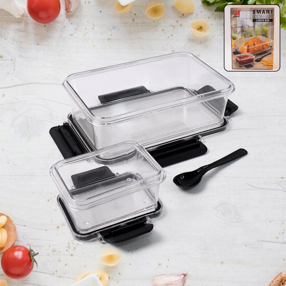 Plastic Kitchen Storage Container Big 800 ML & Small 250 ML with Air Seal Lock Lid & Spoon - Image 1