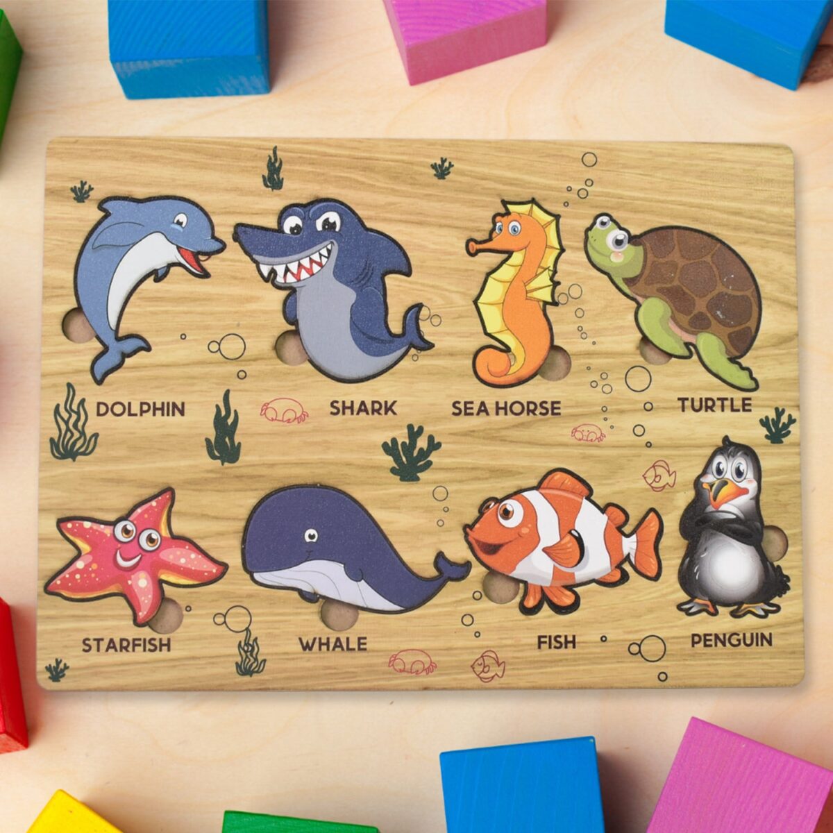 Seawater Animal Wooden Puzzle Learning Educational Board (1 Set) - Image 1