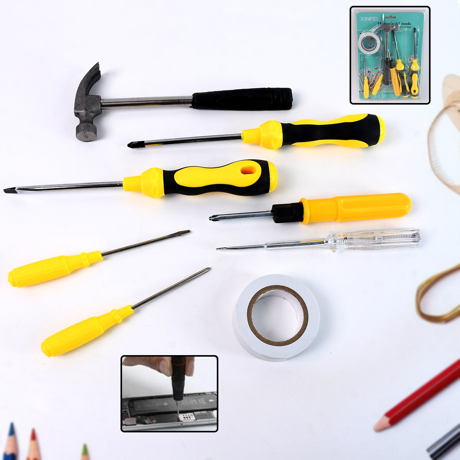 01_6dffae34-dff1-4b39-a4ce-ed616a6c7b7f.jpg 8 In 1 Hand Tool Kit, Steel And Plastic Hammer, Screwdriver & Tape - Image 1