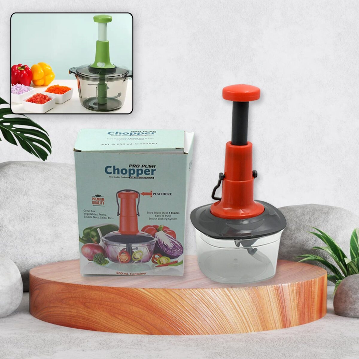 Manual Food Chopper (650ml): 3 Stainless Steel Blades, Locking System, Anti-Slip Base - Image 1