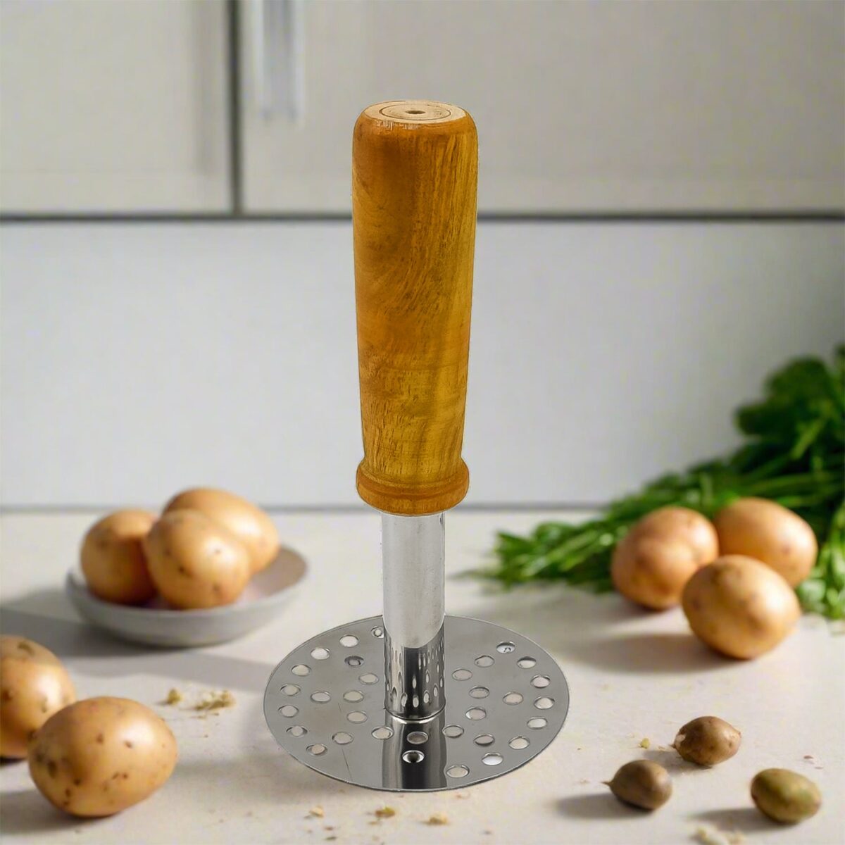 High Grade Stainless Steel Potato Masher Paubhaji / Pav Bhaji Masher with Wooden handle (1 Pc) - Image 1