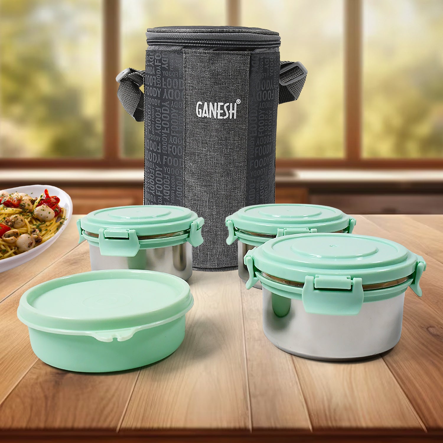 01_7636aeb1-5039-4d2b-8e6f-a1d6ad24080b.jpg Ganesh 4In1 Tiffin Box-Lunch Box | 3 Stainless Steel Containers 300 Ml Approx & Plastic Salad Container 200 Ml Approx| Plastic lid Box | Round Zip Bag | Leak Proof | Microwave Safe for Office, College and School for Men, Women - Image 1