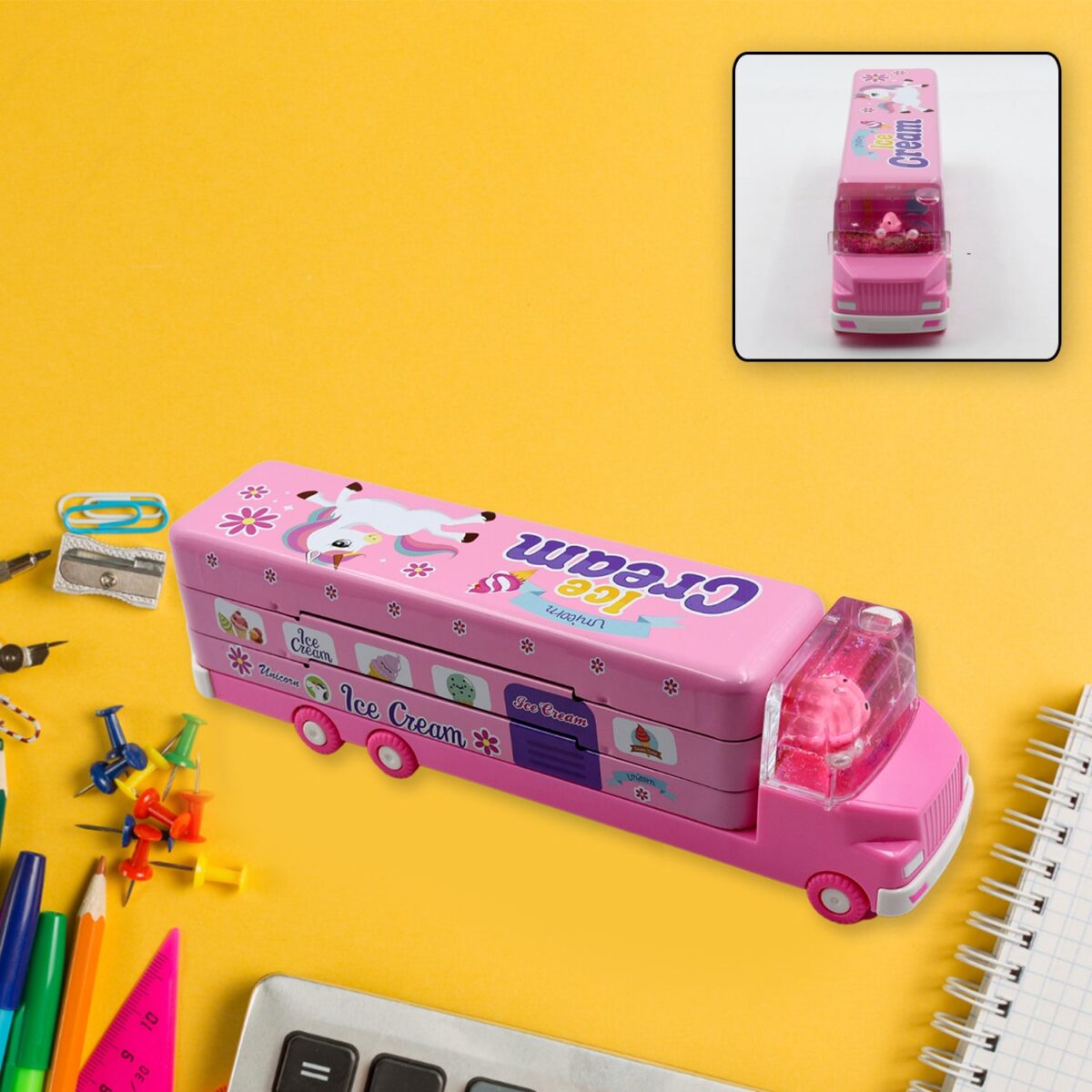 Double Decker Magic Truck Compass Multi Level Metal Truck Compass Pencil Case with Movable Wheels & Sharpener (Mix Design) - Image 1