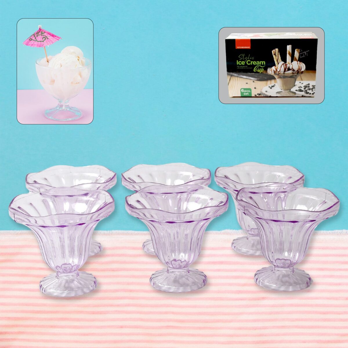 Crystal Plastic Ice-Cream Bowl, Home & Kitchen Serving Platter or Dessert Cup for Sundae, Sweets, Snacks, Fruit, Pudding, Nuts or Dip, Serving Bowls (Crystal Cups, Set of 6) - Image 1
