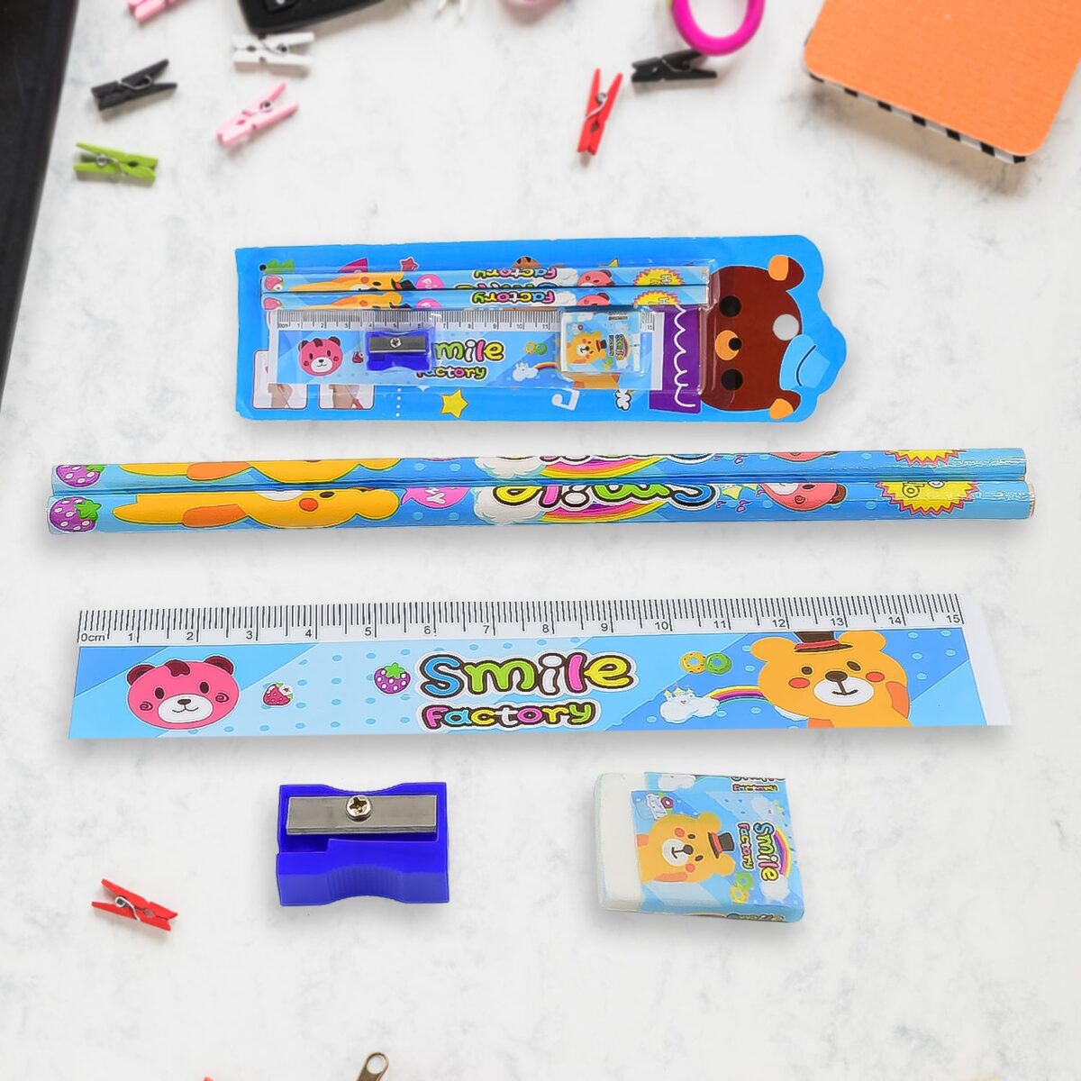 Cartoon Wooden Pencil Set for Kids Boys Return Gifts Birthday Party Space Stationary Set Pencil Eraser Sharpener Combo Kit for Kids Boys (Mix Color / 1 Set) - Image 1