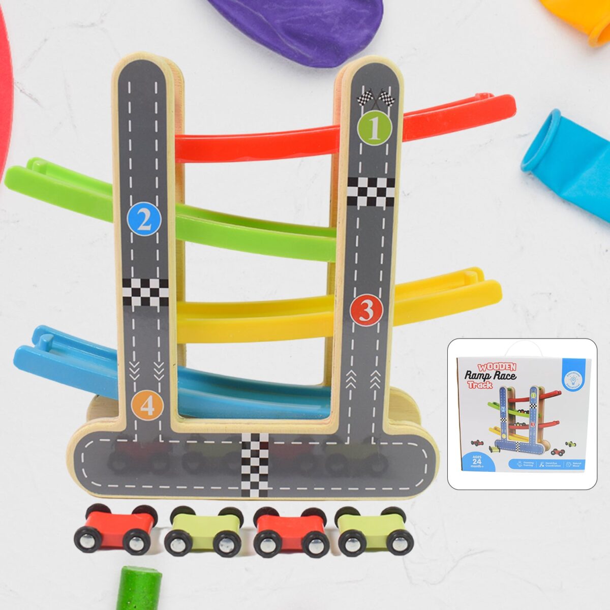 Car Racer Track Play set Wooden Click Clack Toys With 4 Mini Racers (1 Set) - Image 1
