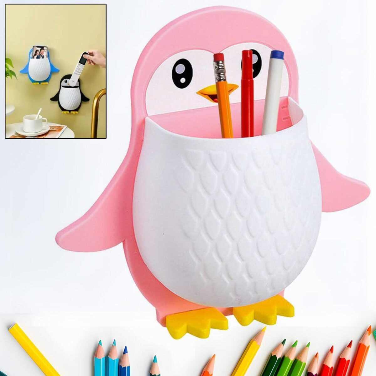 Penguin Storage Box, Adhesive Remote Case, Electric Toothbrushes Holder, Universal Controller Holder, Wall Nightstand, Office Plastic Wall Mount - Image 1