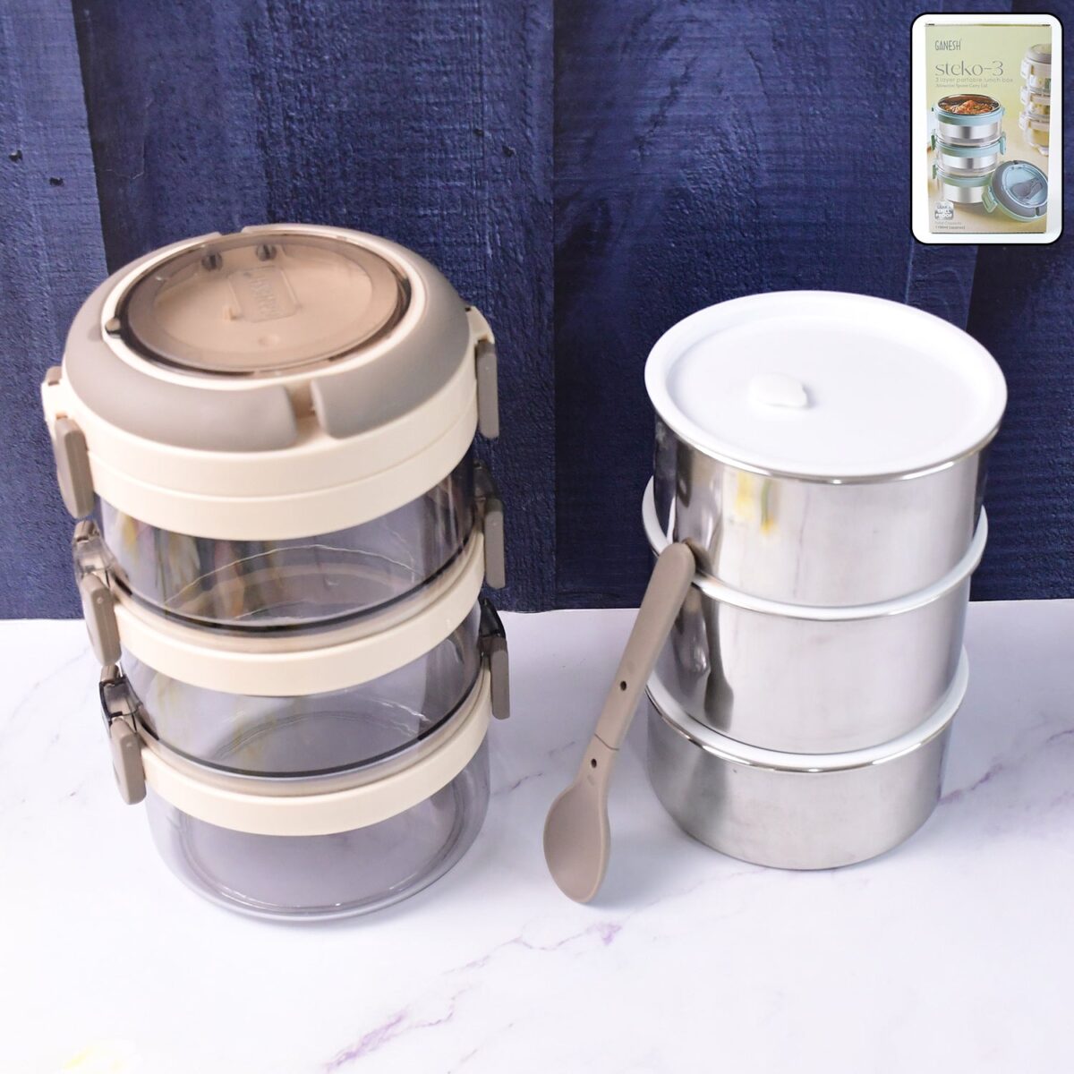 Ganesh Steko-3 Triple Layer Stainless Steel Insulated Lunch Box Set - Image 1