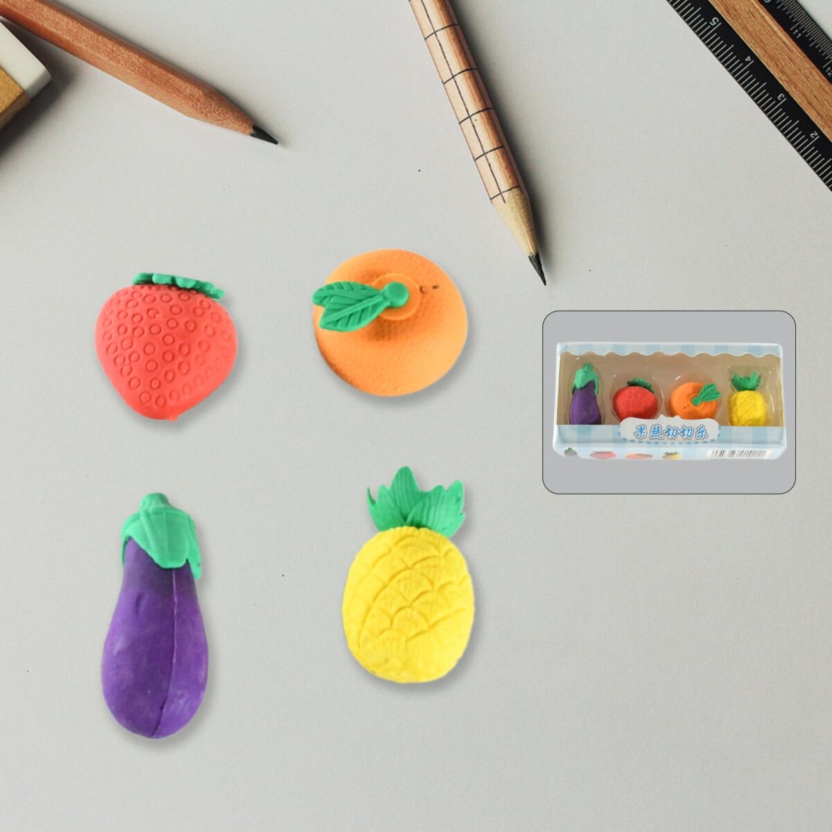 Mini Cute Veg & Fruit Erasers â€“ 3D Colorful Eraser Set for Kids (4 Pc) - Image 5