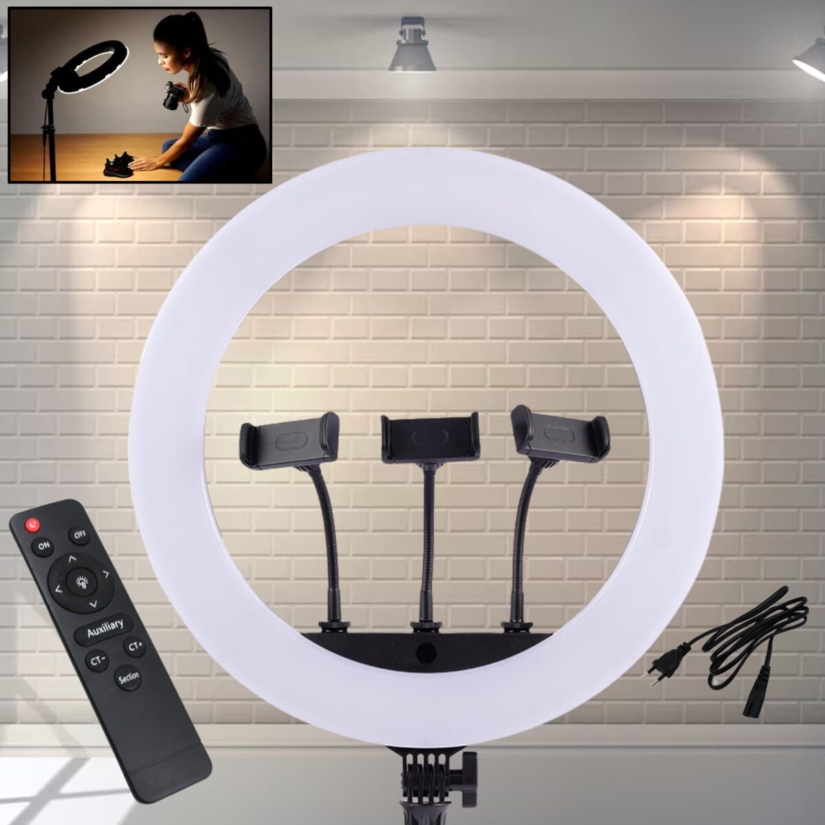 18 Inch LED Ring Light with 3 Colour Modes & 3 Mobile Holders, Remote Control (1 Set) - Image 1