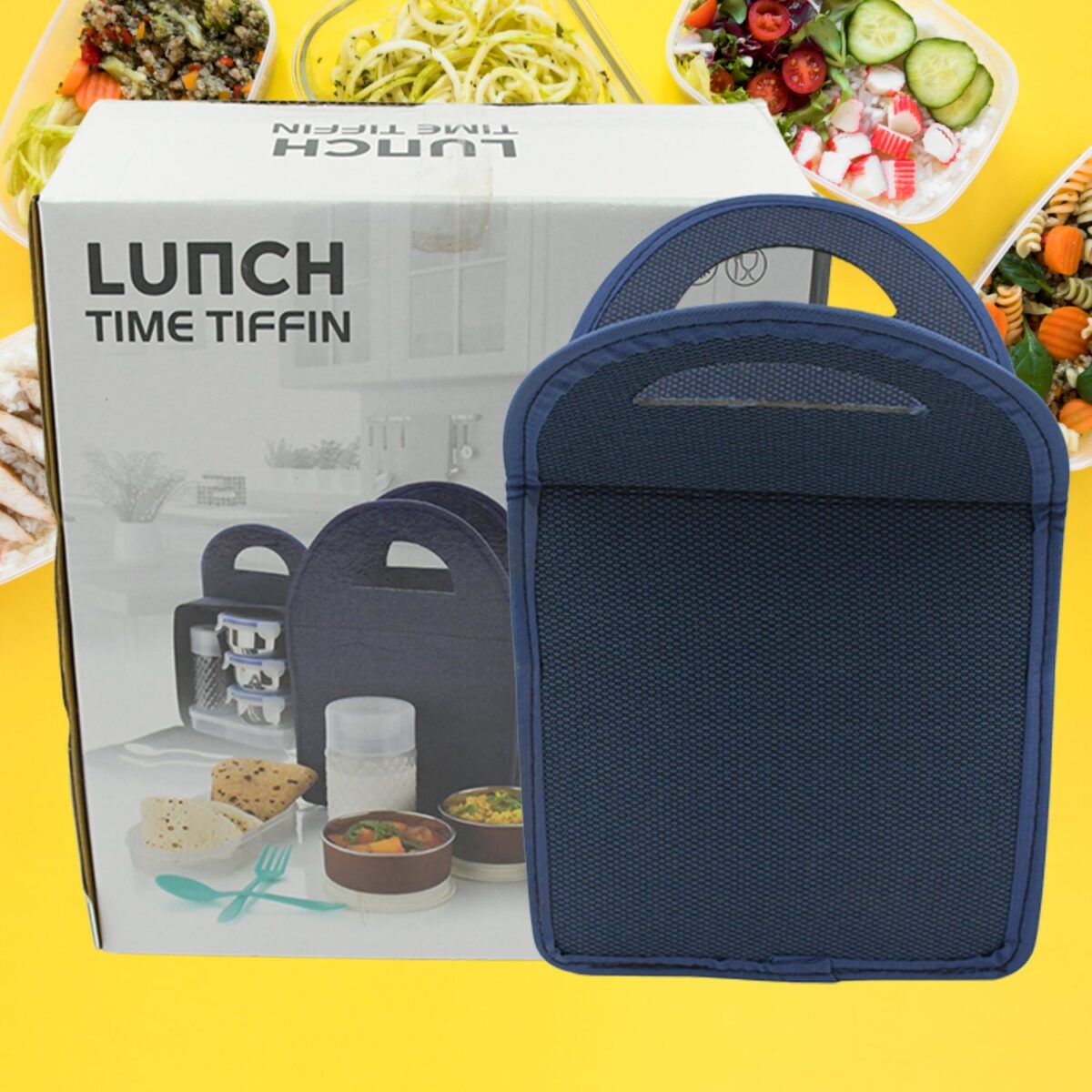 6In1 Tiffin Box-Lunch Box | 3 Stainless Steel Containers | Plastic lid Box | Spoon & Fork /Plastic Bottle | Insulated Fabric Bag | Leak Proof | Microwave Safe  for Office, College and School for Men, Women (6 pcs) - Image 1