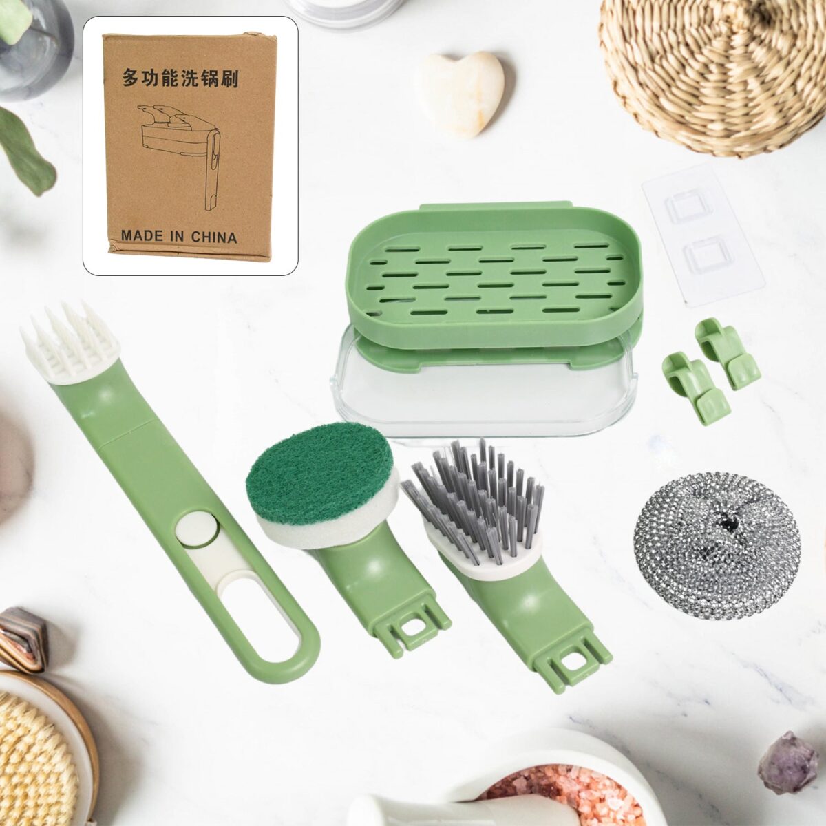 Dish Brush Set with Handle, Replacement Heads, Drain Tray in Kitchen (9 Pcs Set) - Image 1