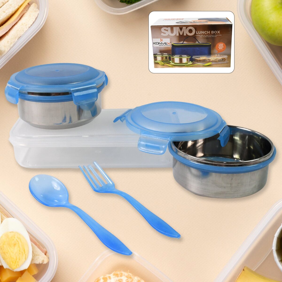 Sumo Lunch Box, with Lunch Bag, Plastic Lunch Box & Plastic Spoon, Fork (2 Pc Set / With Lunch Box) - Image 1