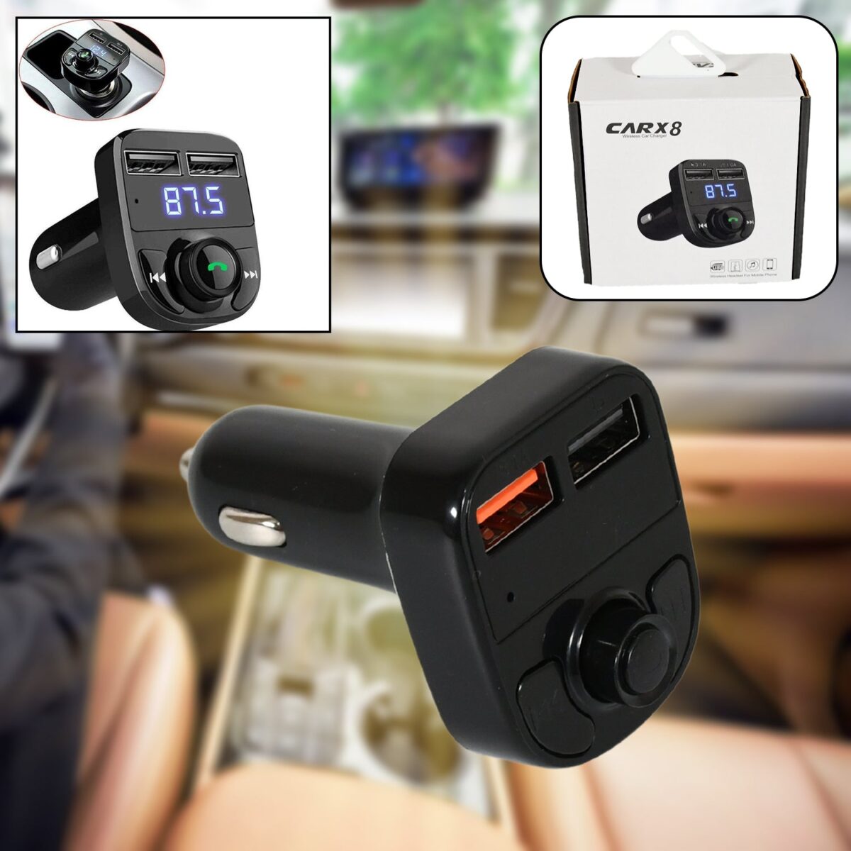 CAR-X8 Bluetooth FM Transmitter Kit with Dual USB Fast Charger - Image 1