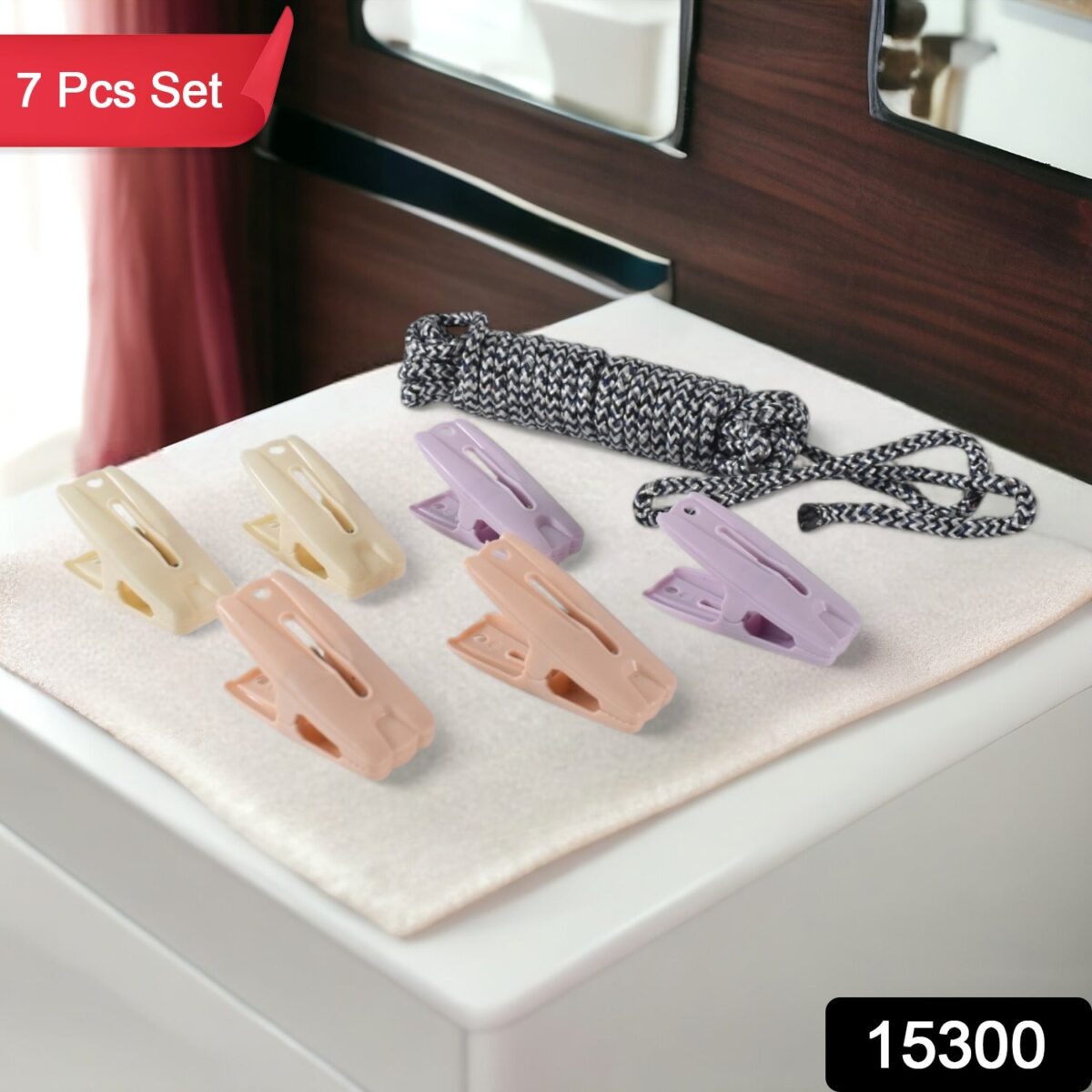 Cloth Drying Rope with Clips Ã¢â‚¬â€œ Convenient and Durable Hanging Solution (7 Pc Set) - Image 2