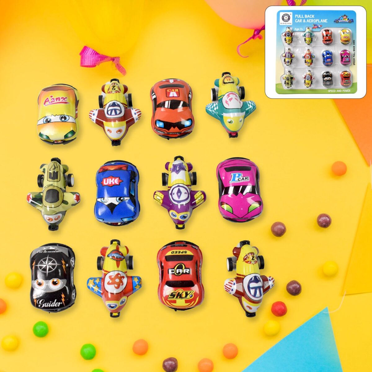 Mini Pull Back Car & Aeroplane PVC Plastic Pull Back Car Cartoon Toys (12 Pcs Set) - Image 3