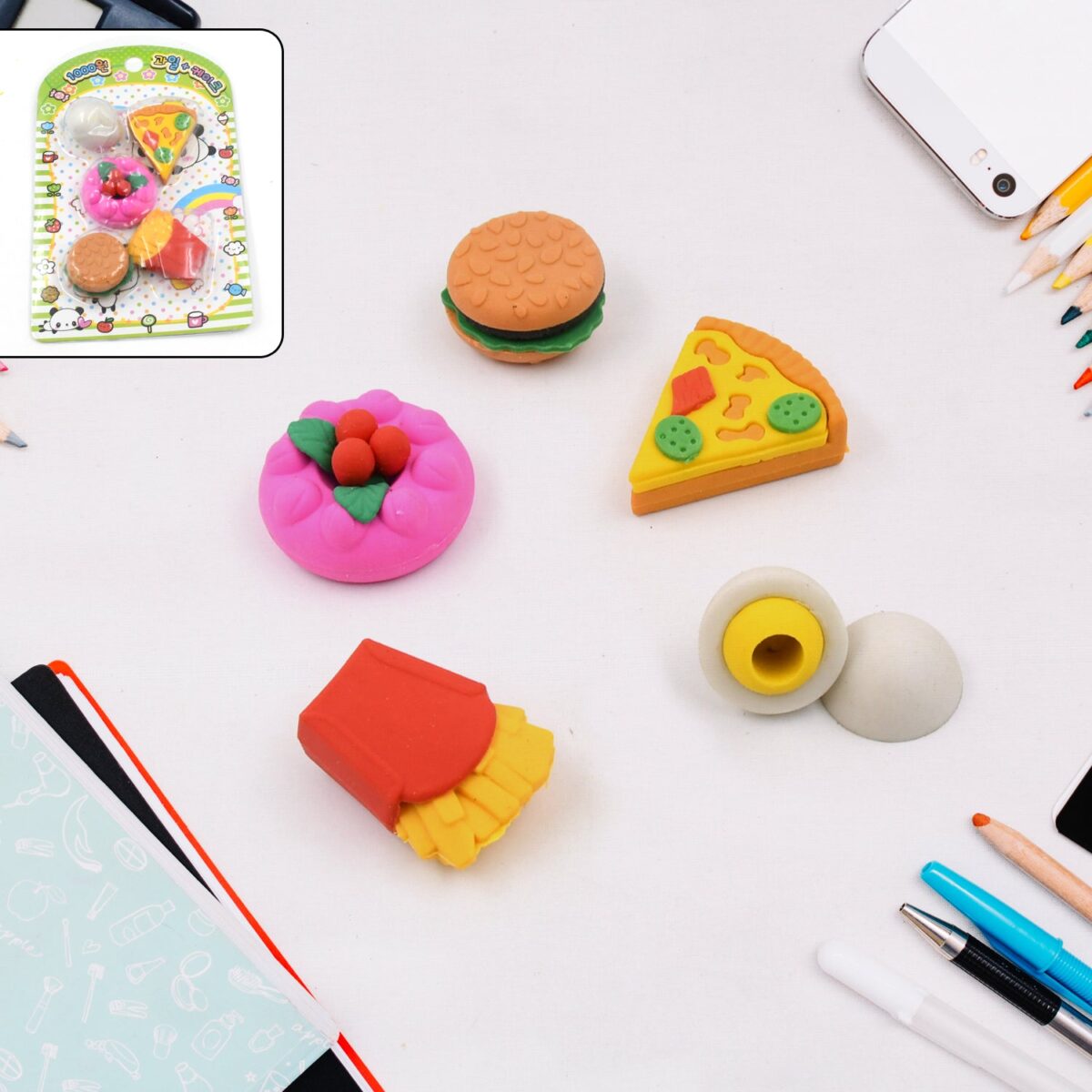 3D Food-Shaped Colorful Eraser Set Ã¢â‚¬â€œ Cute Novelty Mini Erasers for Kids (5 Pc Set) - Image 1