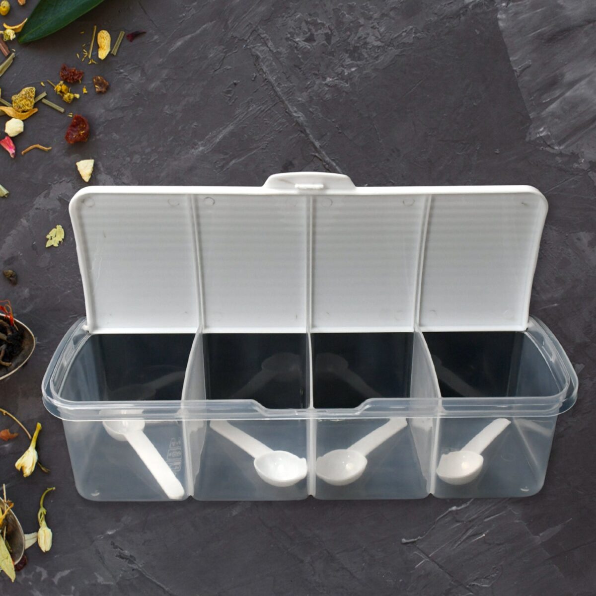 Kitchen Multipurpose Air-tight 4 Sections Storage Containers / Masala BoxÃ‚Â Pickle (Achar) Jar with 4 spoon for each section (1 Pc / Mix Color) - Image 5
