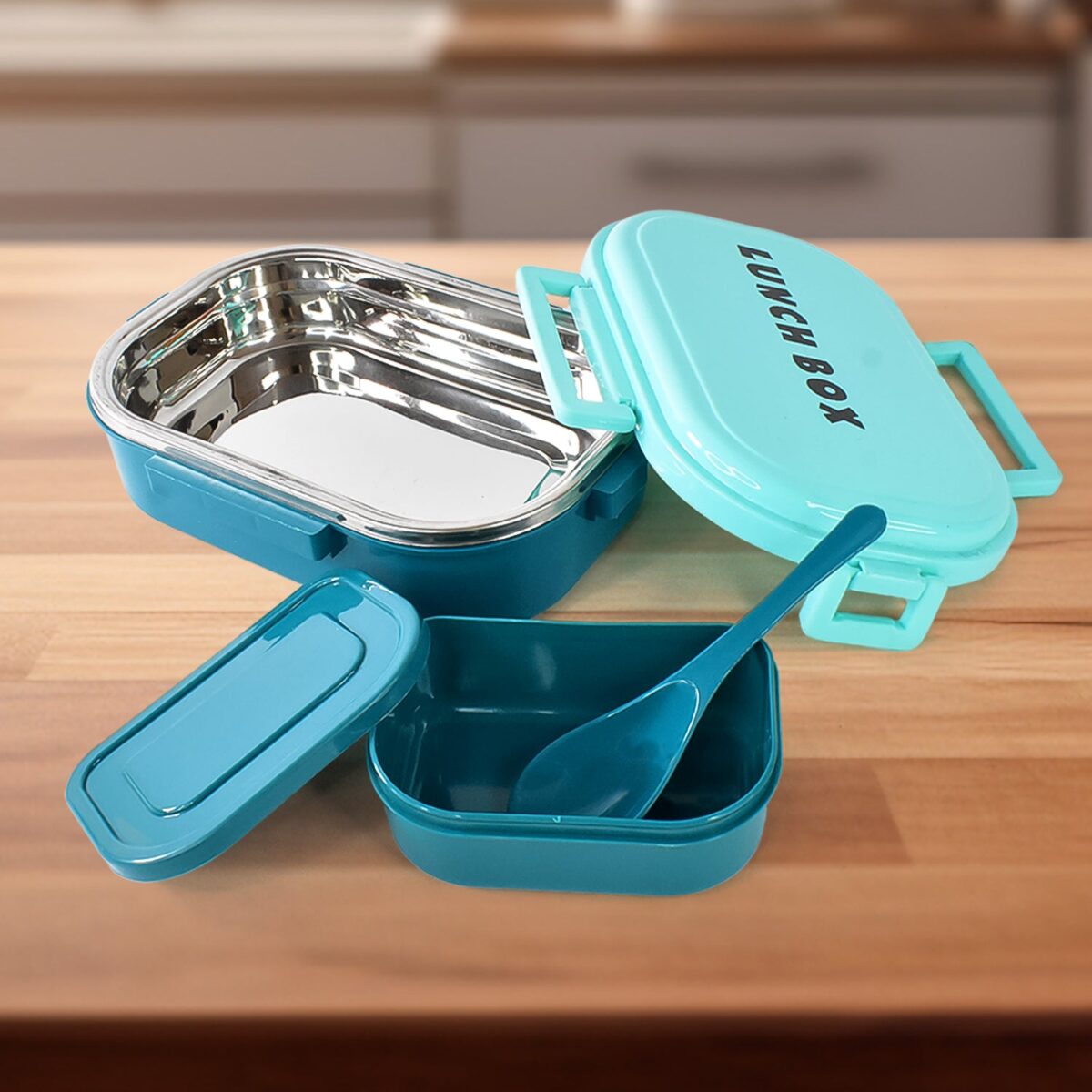 3 in 1 Spicy Bite Stainless Steel Lunch Box With Plastic Small Box & Spoon (1 Set) - Image 1