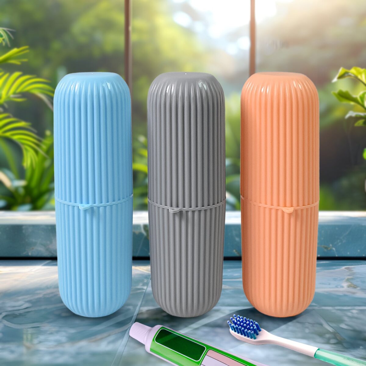 Capsule Shape Travel Toothbrush Toothpaste Case Holder (Multicolor / 3 Pcs Set) - Image 3
