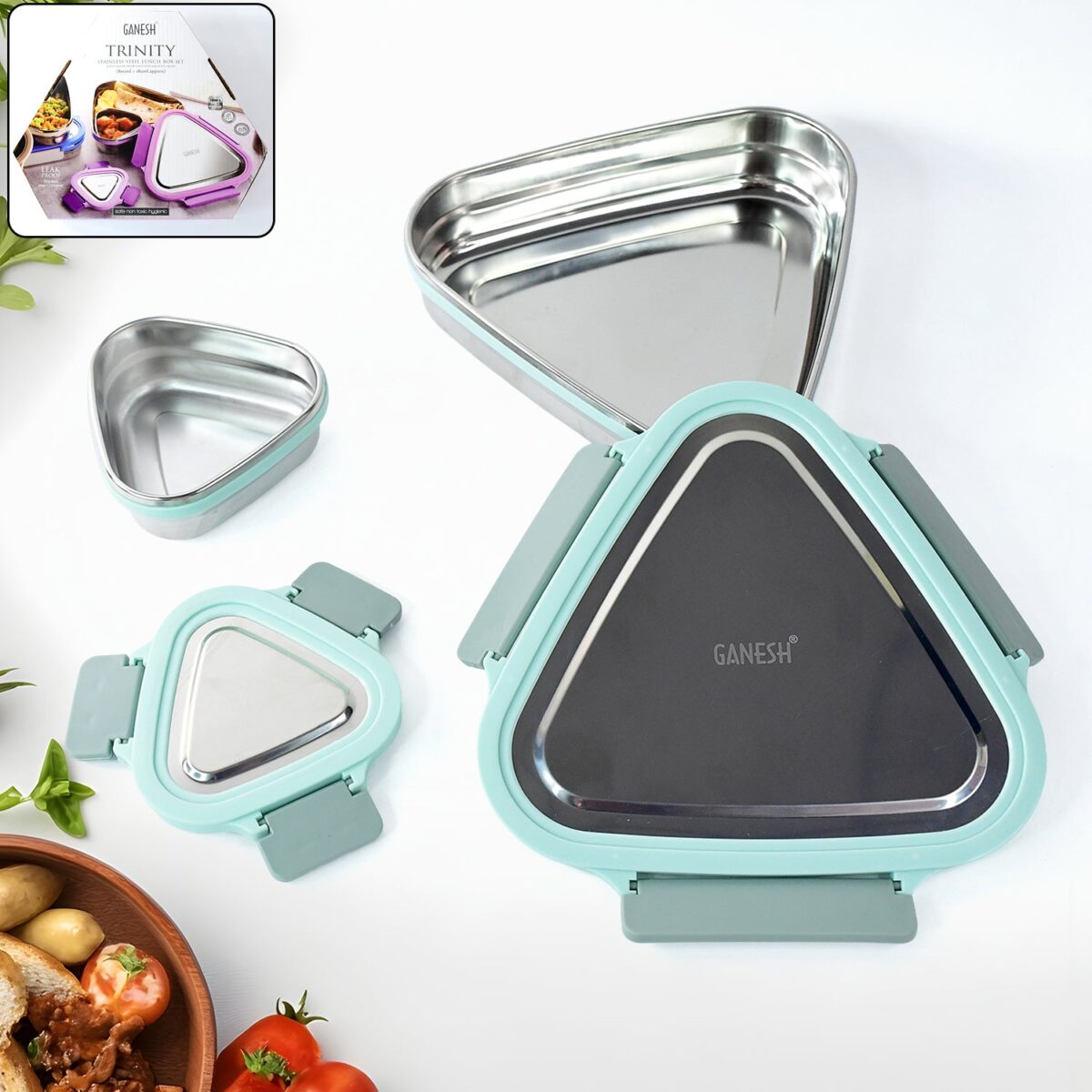 Ganesh Trinity 2-Piece Stainless Steel Triangle Lunch Box Set - Image 1