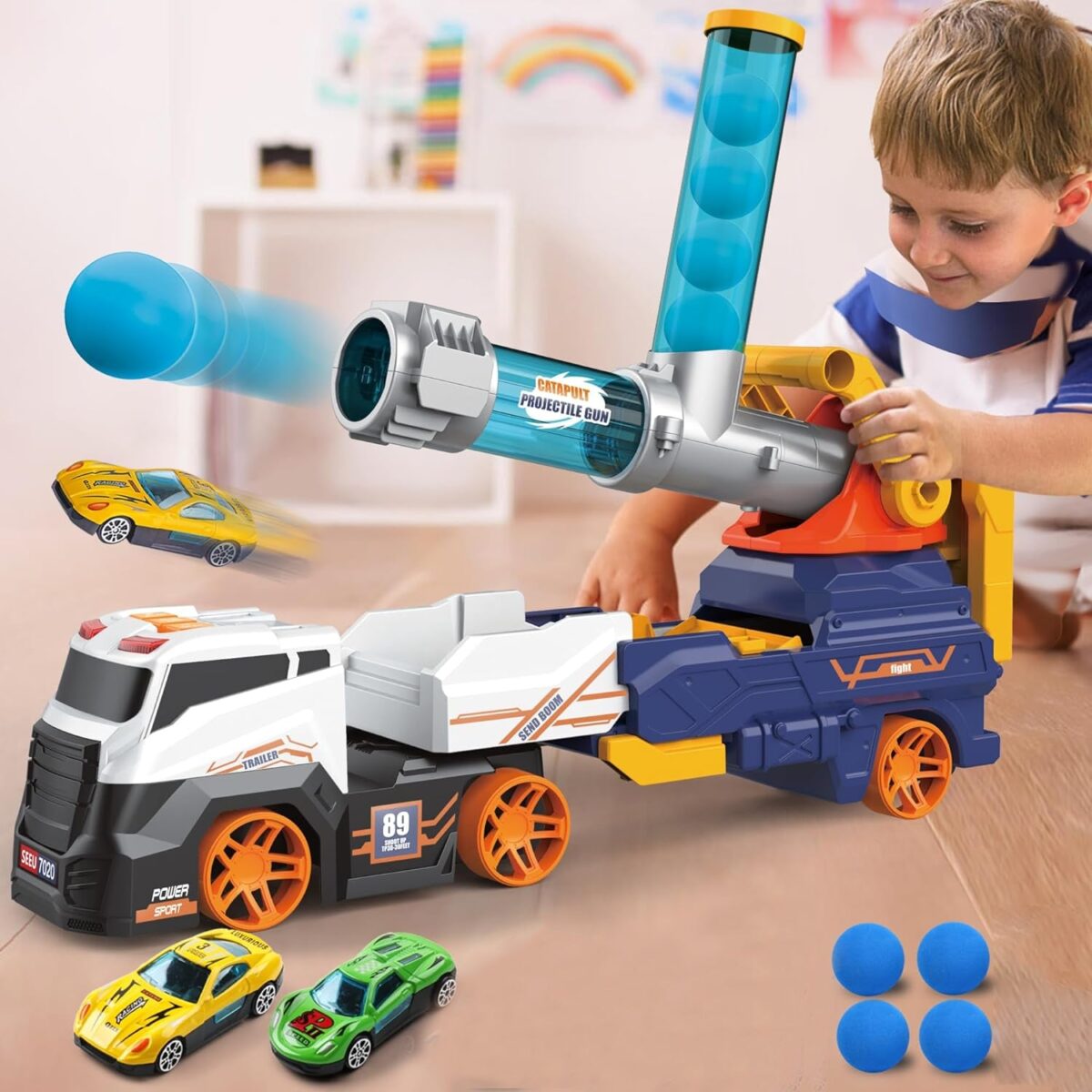 Large Truck Toys Include 2 Racing Cars+4 Ball, with Light & Sounds (Battery Not Included) - Image 1