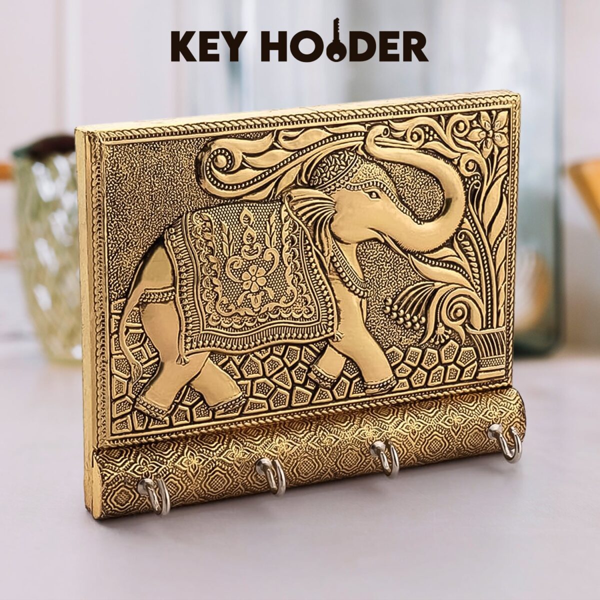 Wooden Key Holder for Home Decor Stylish Metal Gold Antique Elephant Design (1 Pc) - Image 1