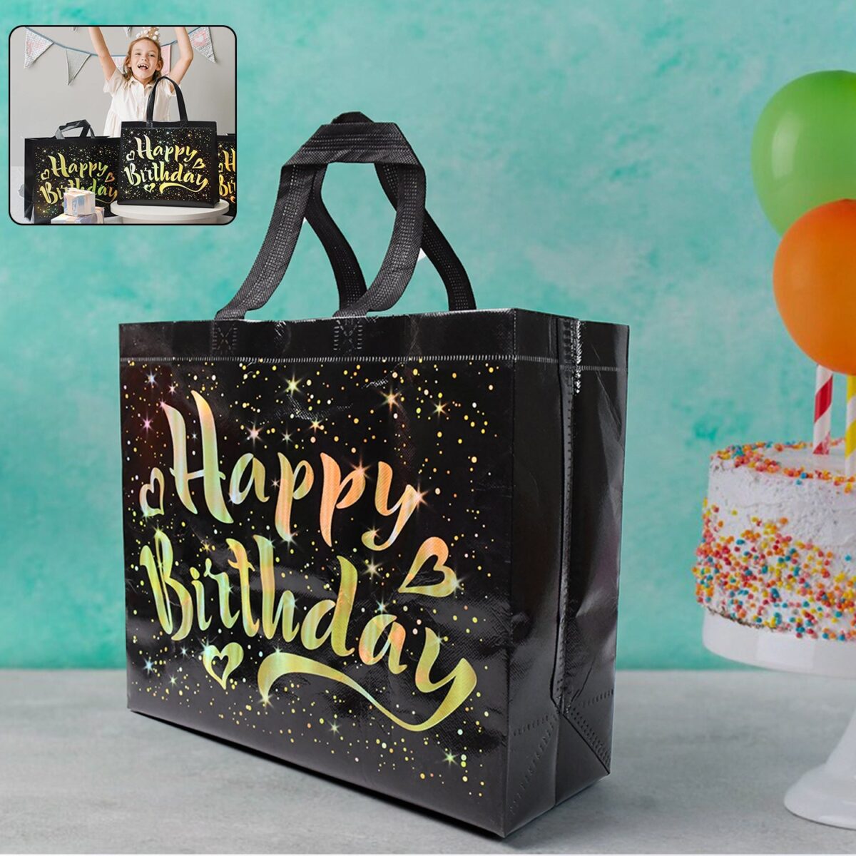 Birthday Gift Bag with Gold Shiny Stars, Reusable Party Gift Bags (1 Pc) - Image 1