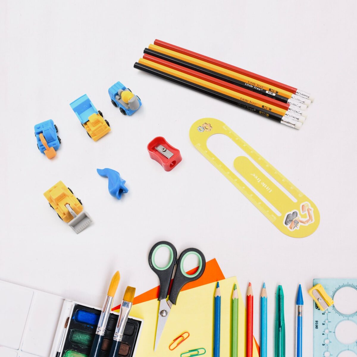 Pencil and Eraser Set, Construction Truck Theme Stationery Kit Includes 6 Pencils, 4 Erasers, 1 Sharpener, 1 Ruler Bookmark, 1 Pencil Cap Stationary For Birthday Gifts for Kids, Birthday Return Gifts (13 Pc set) - Image 1