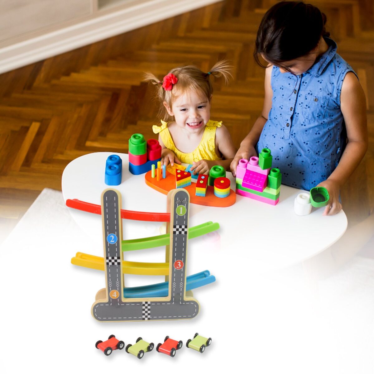Car Racer Track Play set Wooden Click Clack Toys With 4 Mini Racers (1 Set) - Image 3