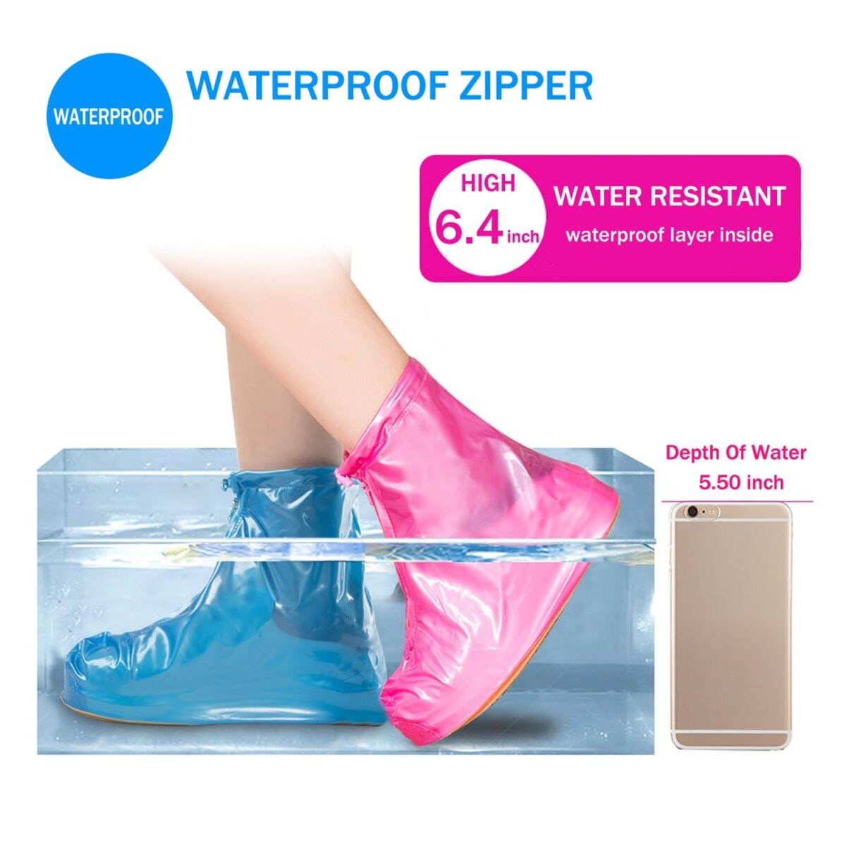 4541 Plastic Shoes Cover Reusable Anti-Slip Boots Zippered Overshoes Covers Pink, Transparent Waterproof Snow Rain Boots for Kids/Adult Shoes, for Rainy Season (XL Size1 Pairs) - Image 2