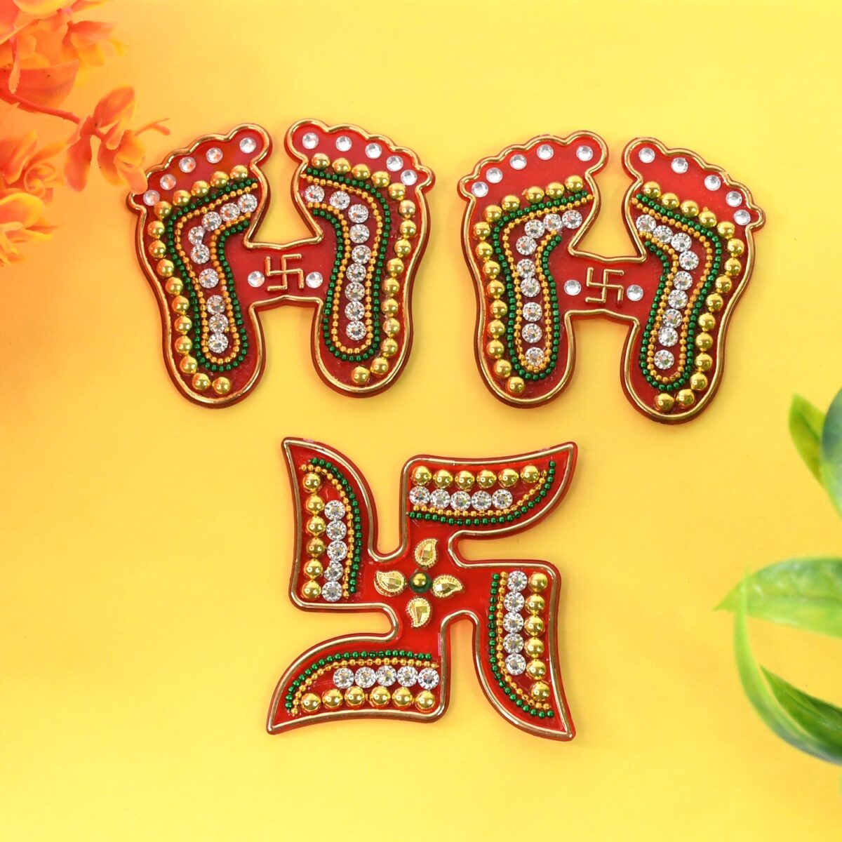 Decorative Laxmi Charan (Pagla) & Swastik Combo Set (3pc Set) - Image 1