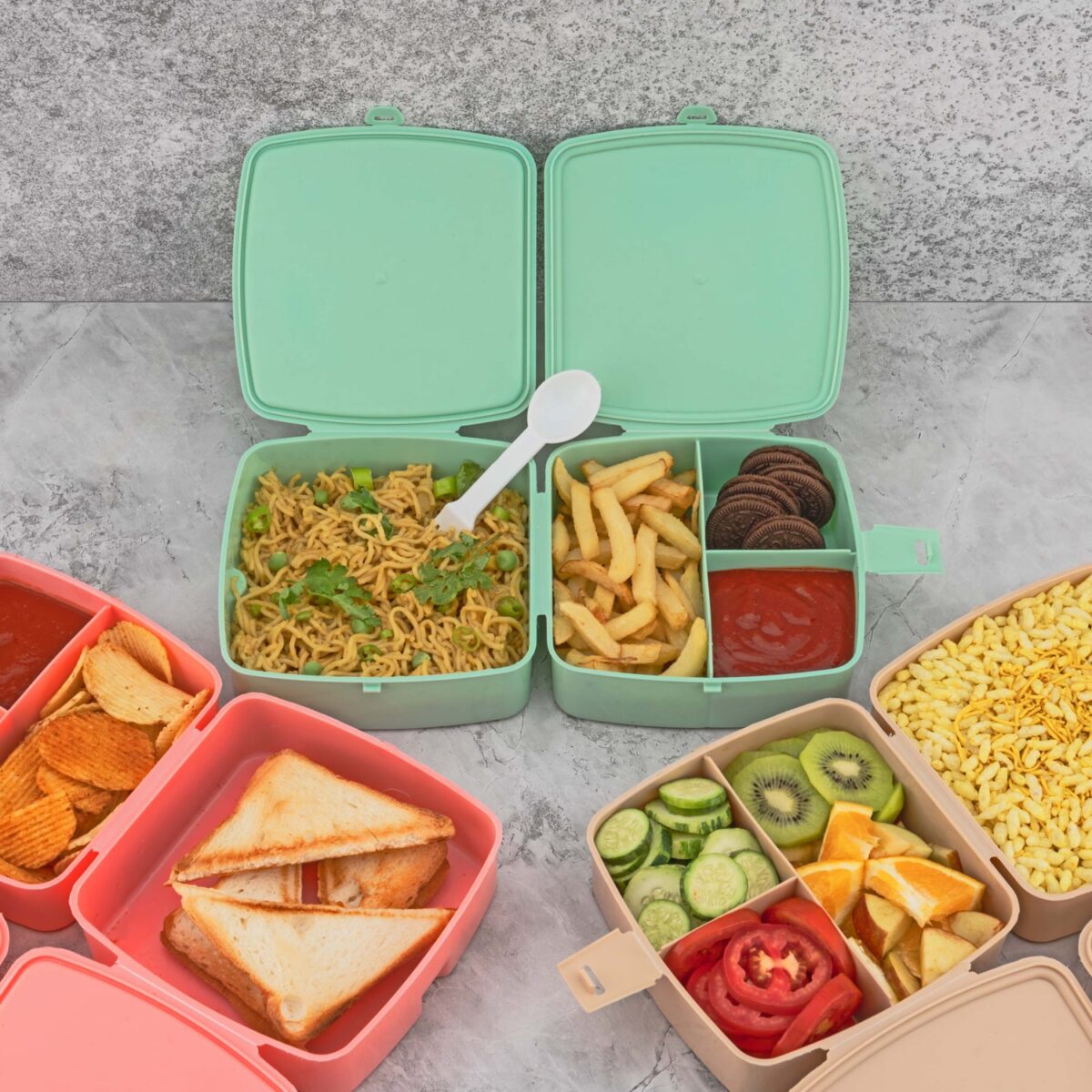 Double-Layer Square Lunch Box with  Spoon , 4 Compartment Tiffin & Push Lock , Plastic Tiffin Box for Travelling, School Kids & Office Exclusive, Home - Image 1