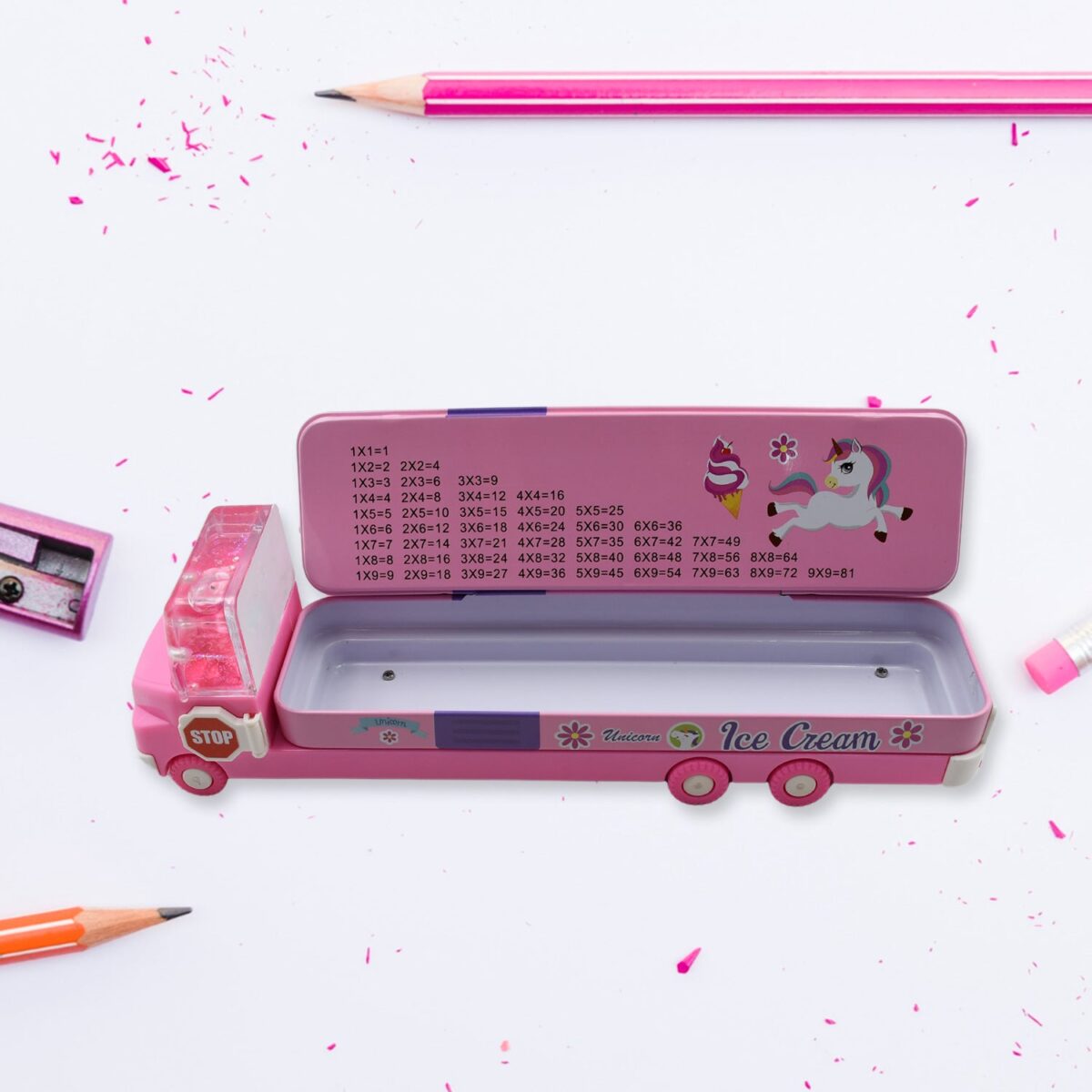 Double Decker Magic Truck Compass Multi Level Metal Truck Compass Pencil Case with Movable Wheels & Sharpener (Mix Design) - Image 3