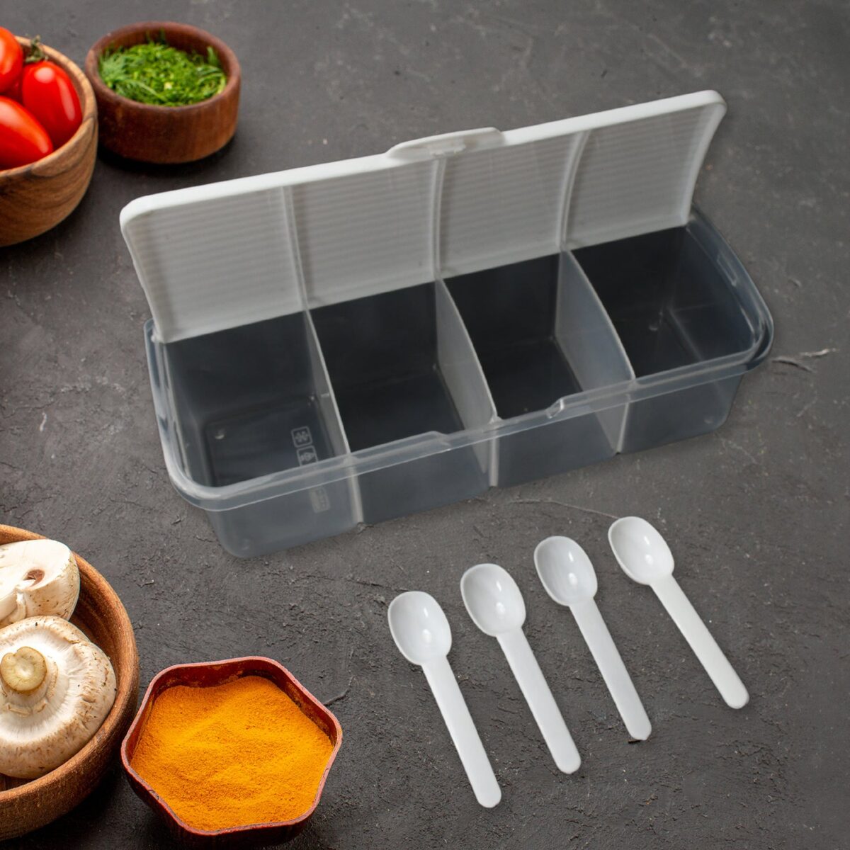 Kitchen Multipurpose Air-tight 4 Sections Storage Containers / Masala BoxÃ‚Â Pickle (Achar) Jar with 4 spoon for each section (1 Pc / Mix Color) - Image 1