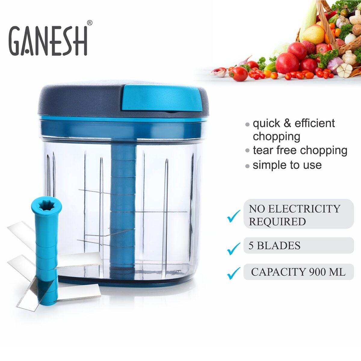 Ganesh Master Chopper with 5 Stainless Steel Blades, XL Large Jumbo Chopper (900 Ml) - Image 3