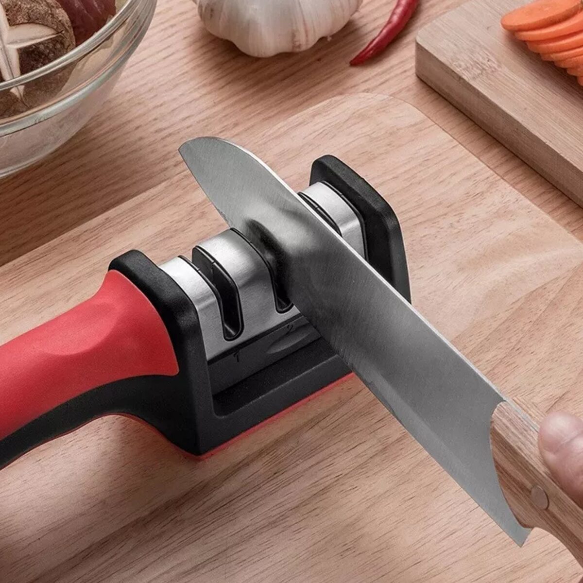 Manual Red Knife Sharpener 3 Stage Sharpening Tool for Ceramic Knife and Steel Knives. - Image 3